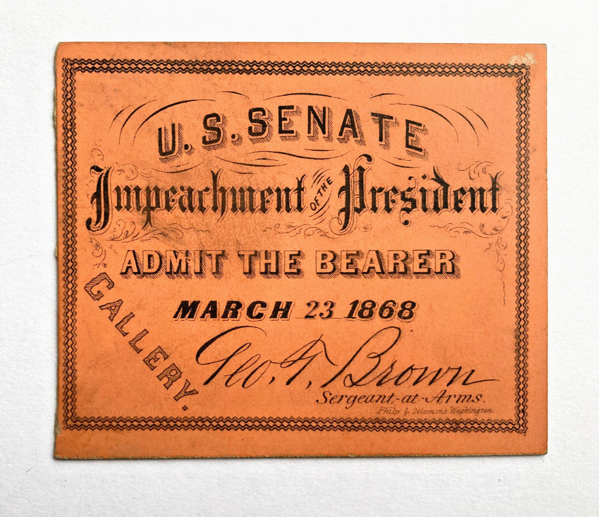 Antique 1868 Ticket for President Andrew Johnson's Impeachment by U.S. Senate