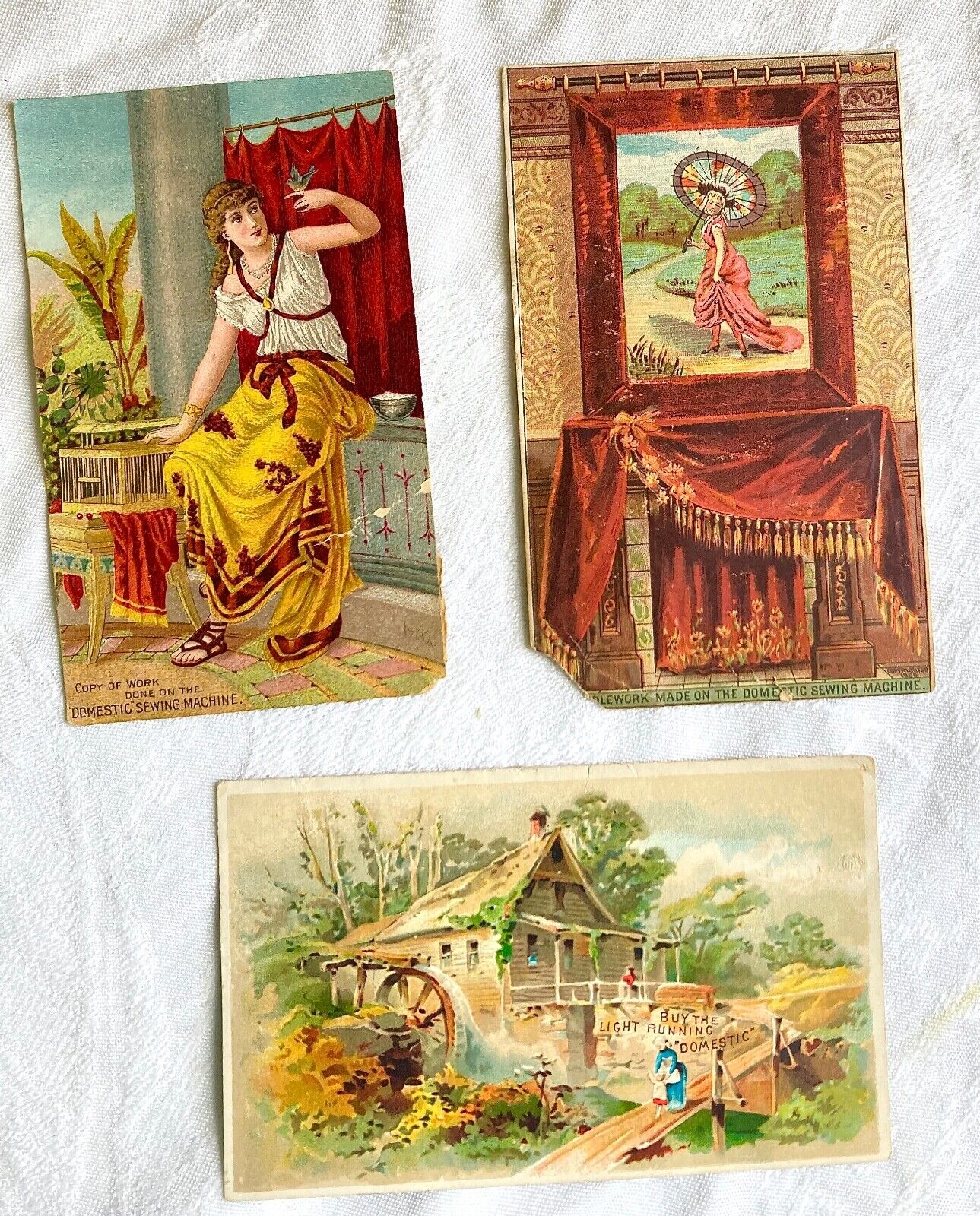 Sewing Machine Advertising Trade Card Domestic Women Mill Scene Antique Set of 3