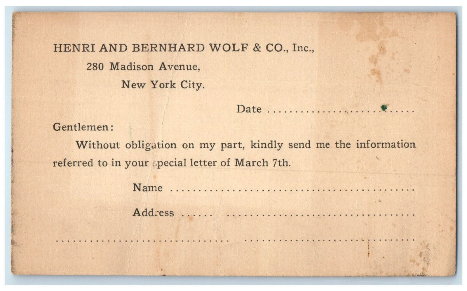 c1880's Henri and Bernhard Wolf & Co. New York City NY Send Info Postal Card