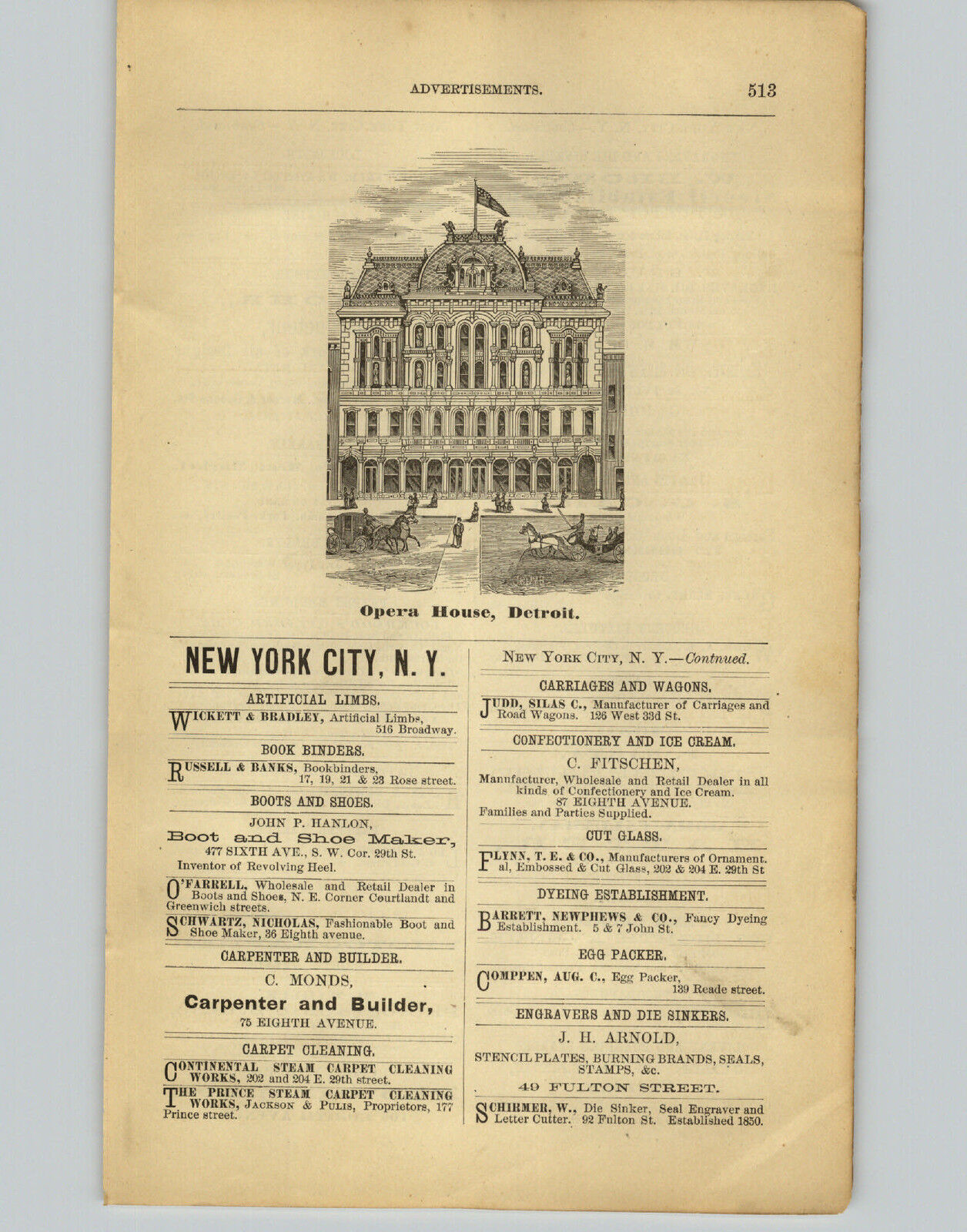 1878 PAPER AD Detroit Michigan Opera House Building