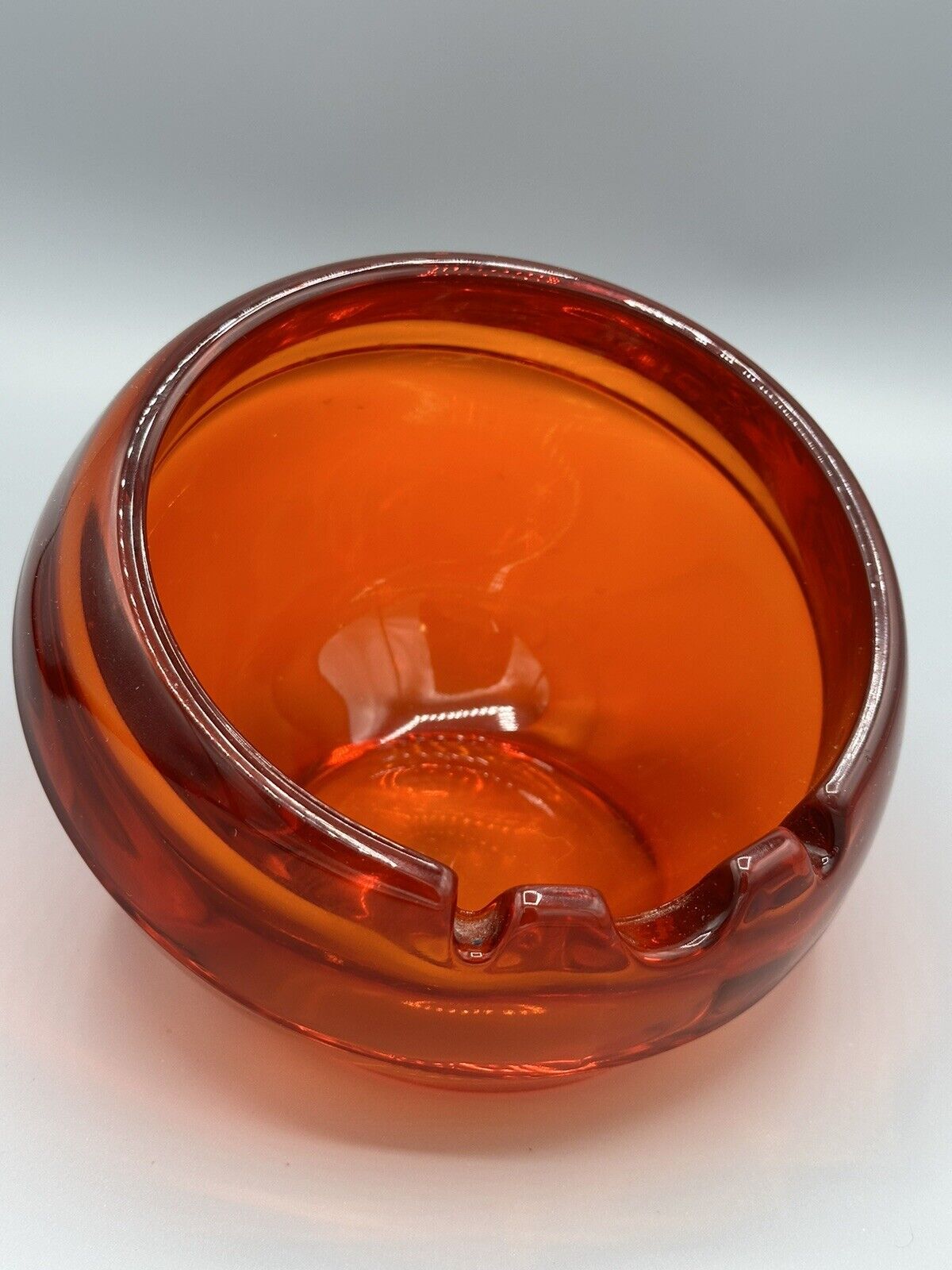 1970S Mid Century Modern Orange Orb Ashtray Persimmon Slant Vintage Glass Heavy￼