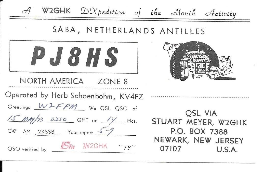 QSL 1973 Saba Island W2GHK  radio card