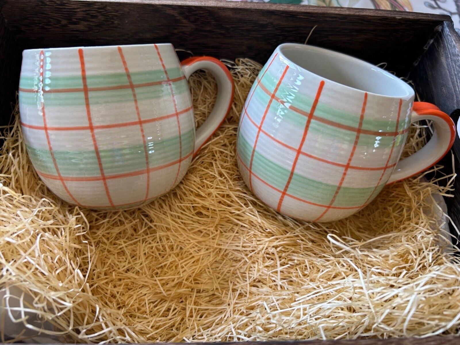 World Market Set of 2 Mint Green and Orange Plaid Ceramic Coffee Mugs Cups NEW