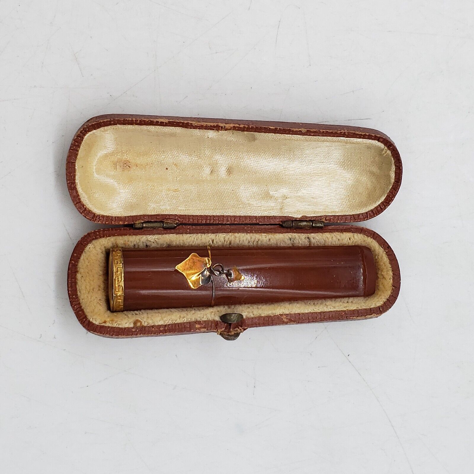 Vintage Amber Colored Pipe Mouthpiece With Gold Detail Includes Case