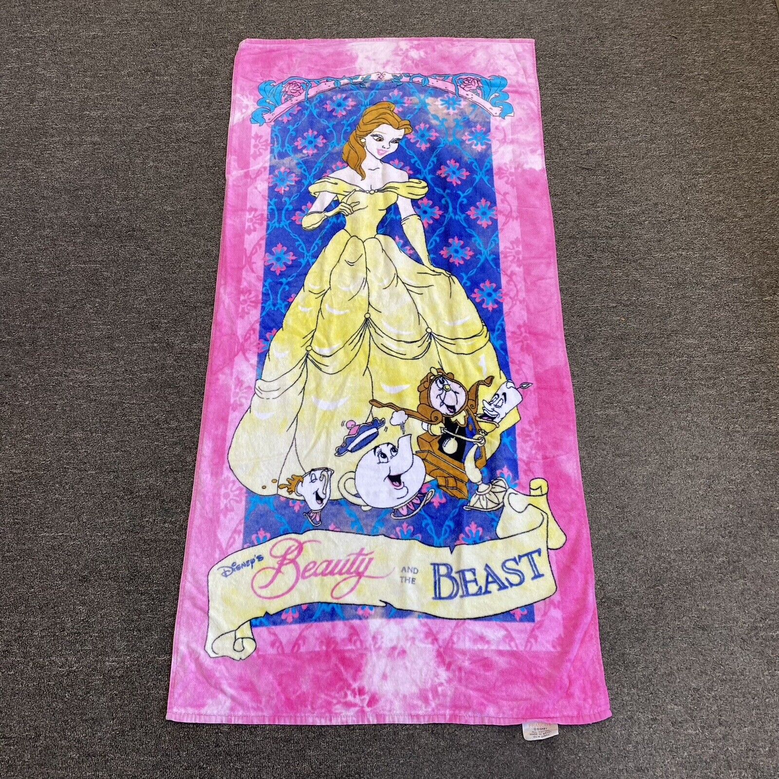 Disney beauty & the beast Beach towel belle chip mrs. posts Pink 56x26 Vtg Pink
