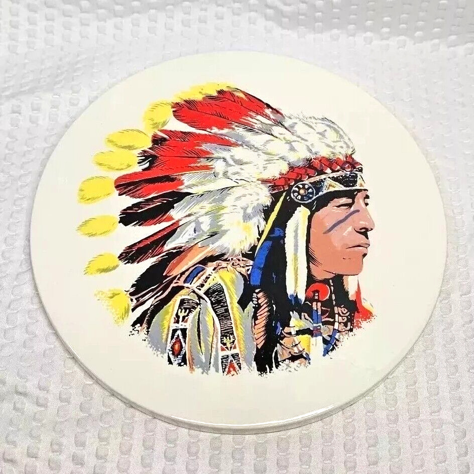 Collectible Native American Indian Image Round Ceramic Trivet Tile Decor