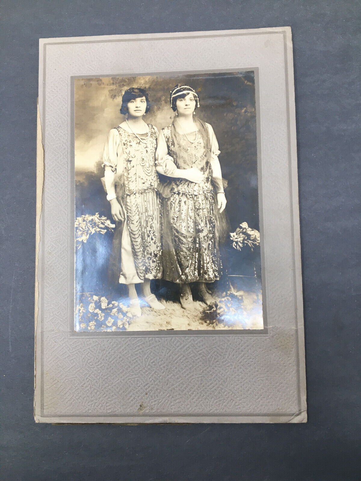 1920s Two Flapper Girls Arm in Arm Fancy Dresses Bobbed Hair Antique Photograph