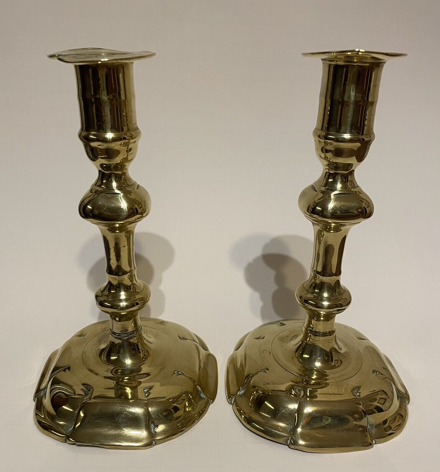 Pair of mid-18th c. ca. 1750 brass candlesticks, likely English