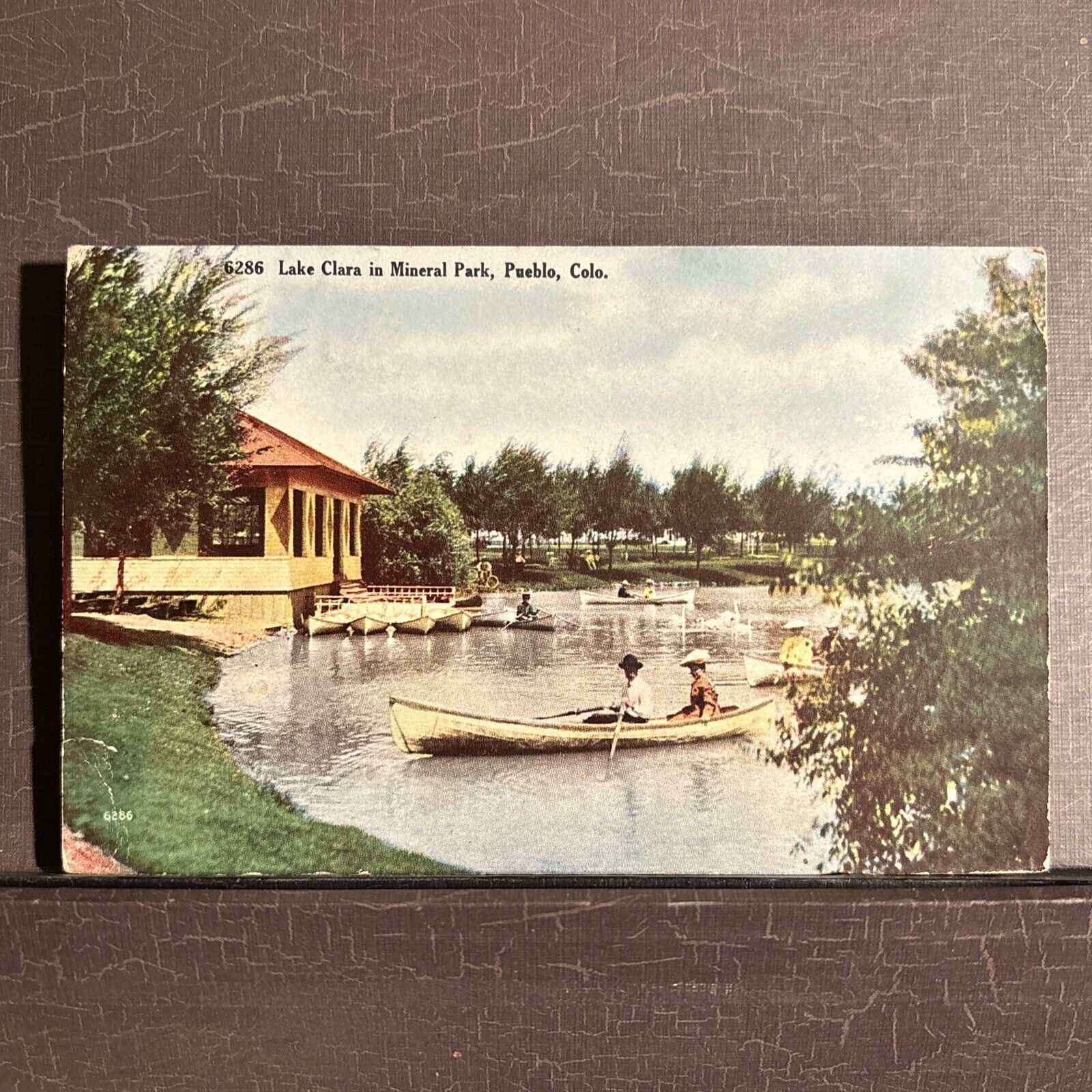 Rowing Classic Wooden boats Lake Clara Mineral Park Pueblo CO Postcard 1909