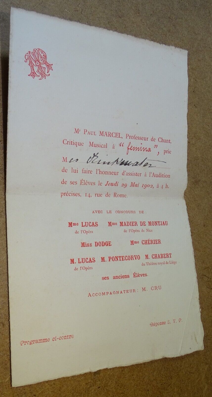 1902 Rome Invitation Musical Program - Paul Marcel Singing Teacher