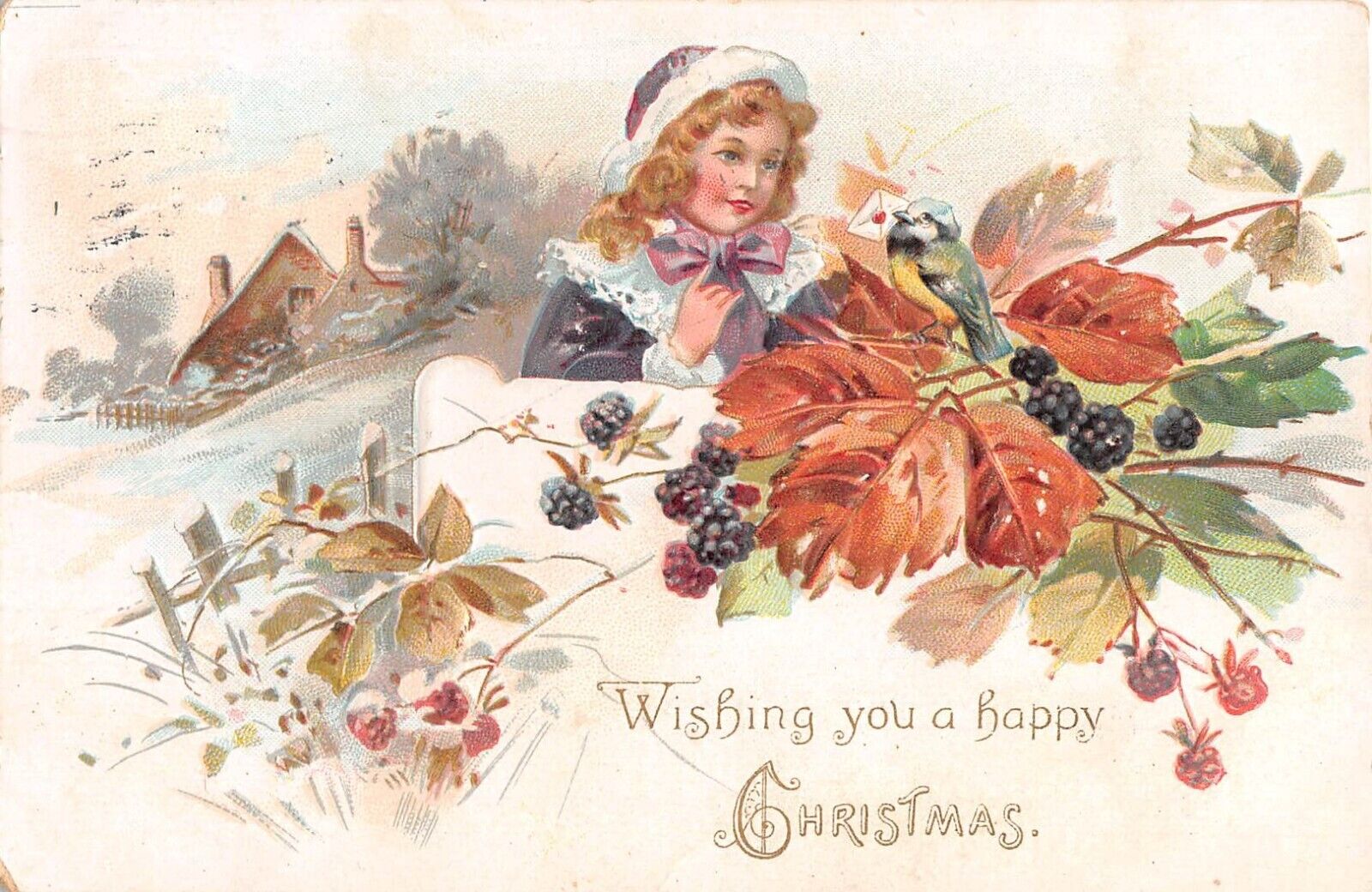 Pretty Little Girl by Bluebird Perched on Blackberries on 1907 Tuck Christmas PC