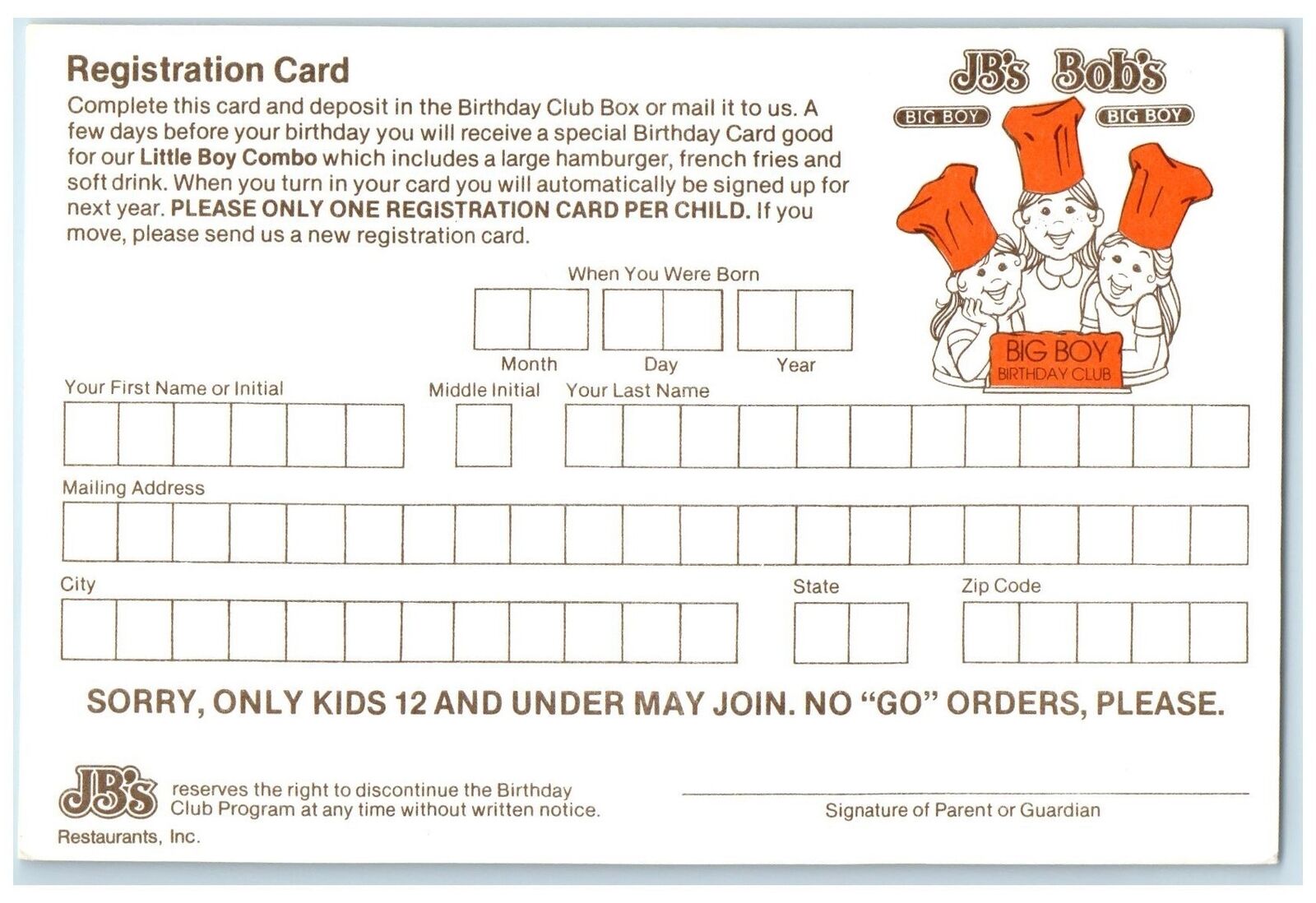 c1950's Big Boy Family Restaurant Registration Card Salt Lake City Utah Postcard