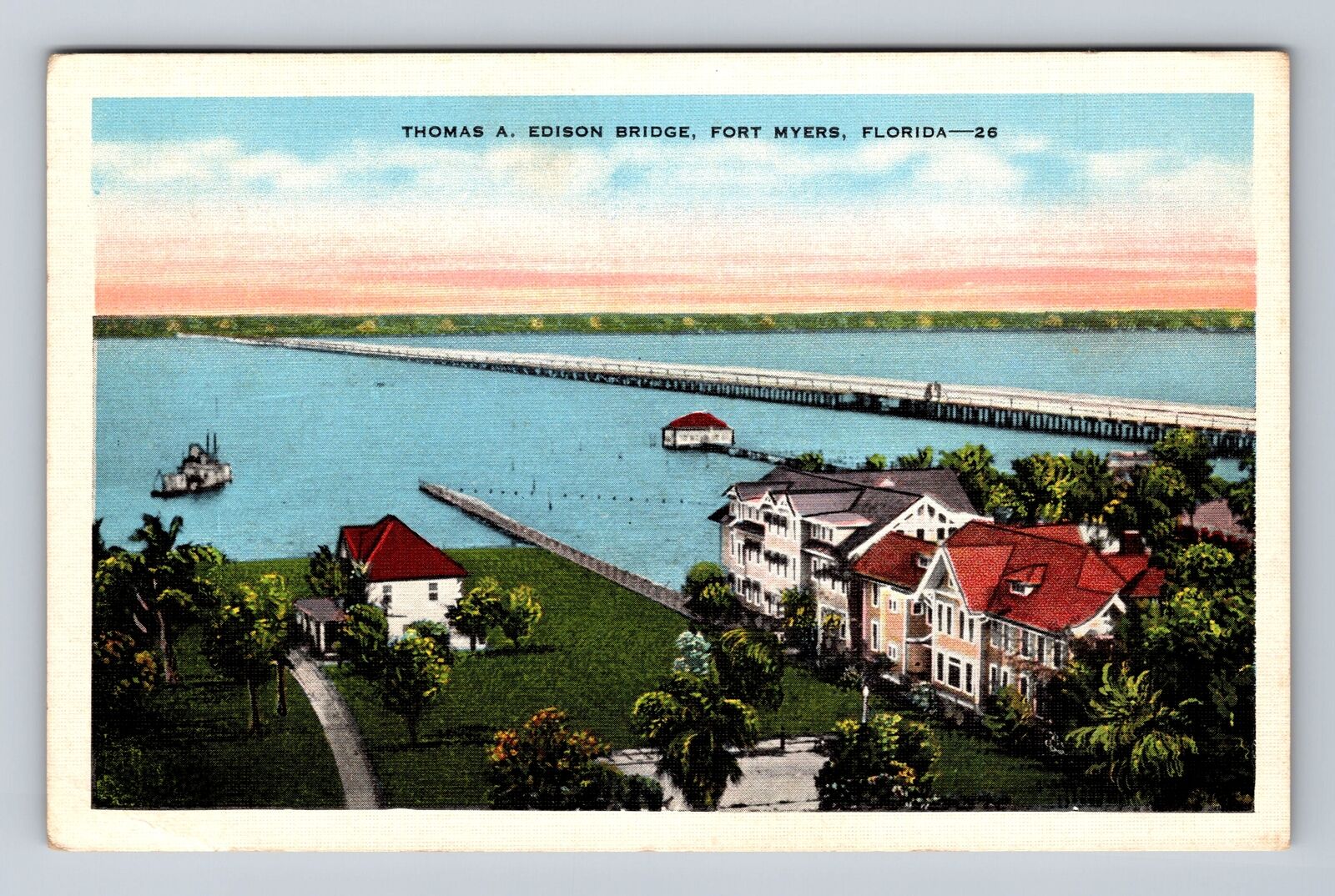 Fort Myers FL-Florida, Thomas A Edison Bridge, Antique Vintage Postcard