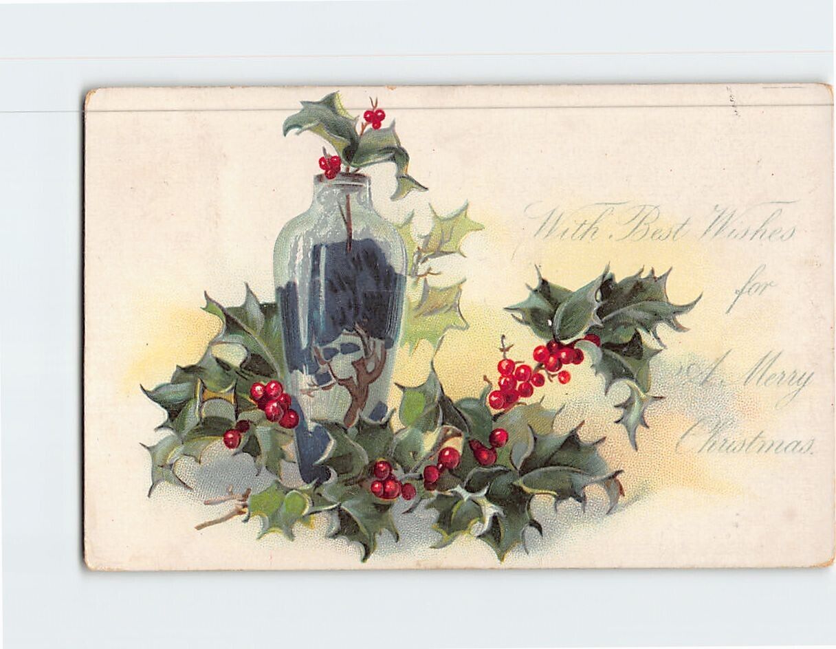 Postcard With Best Wishes For A Merry Christmas Christmas Holly Embossed Card