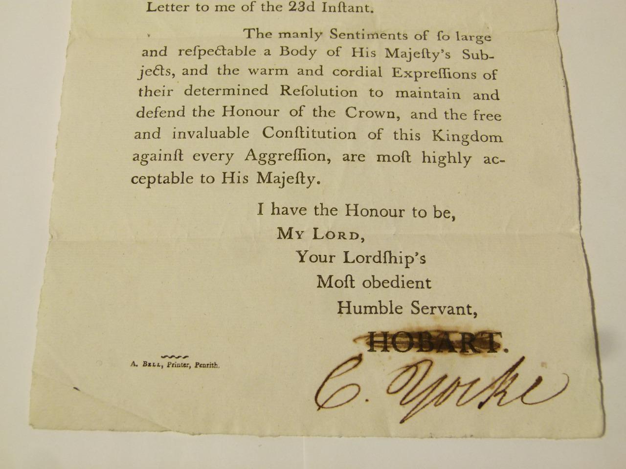 1803 Printed Letter to William Lord Viscount Lowther signed C. Yorke #CC41