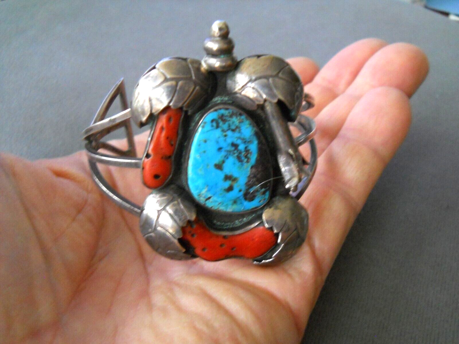 Native American Morenci Turquoise & Corals Sterling Silver Leaves Bracelet 45g