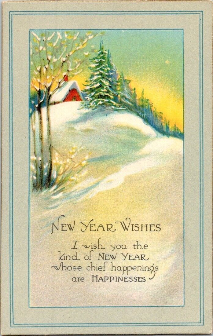 vintage postcard - NEW YEAR WISHES - house on a snow topped hill - unposted