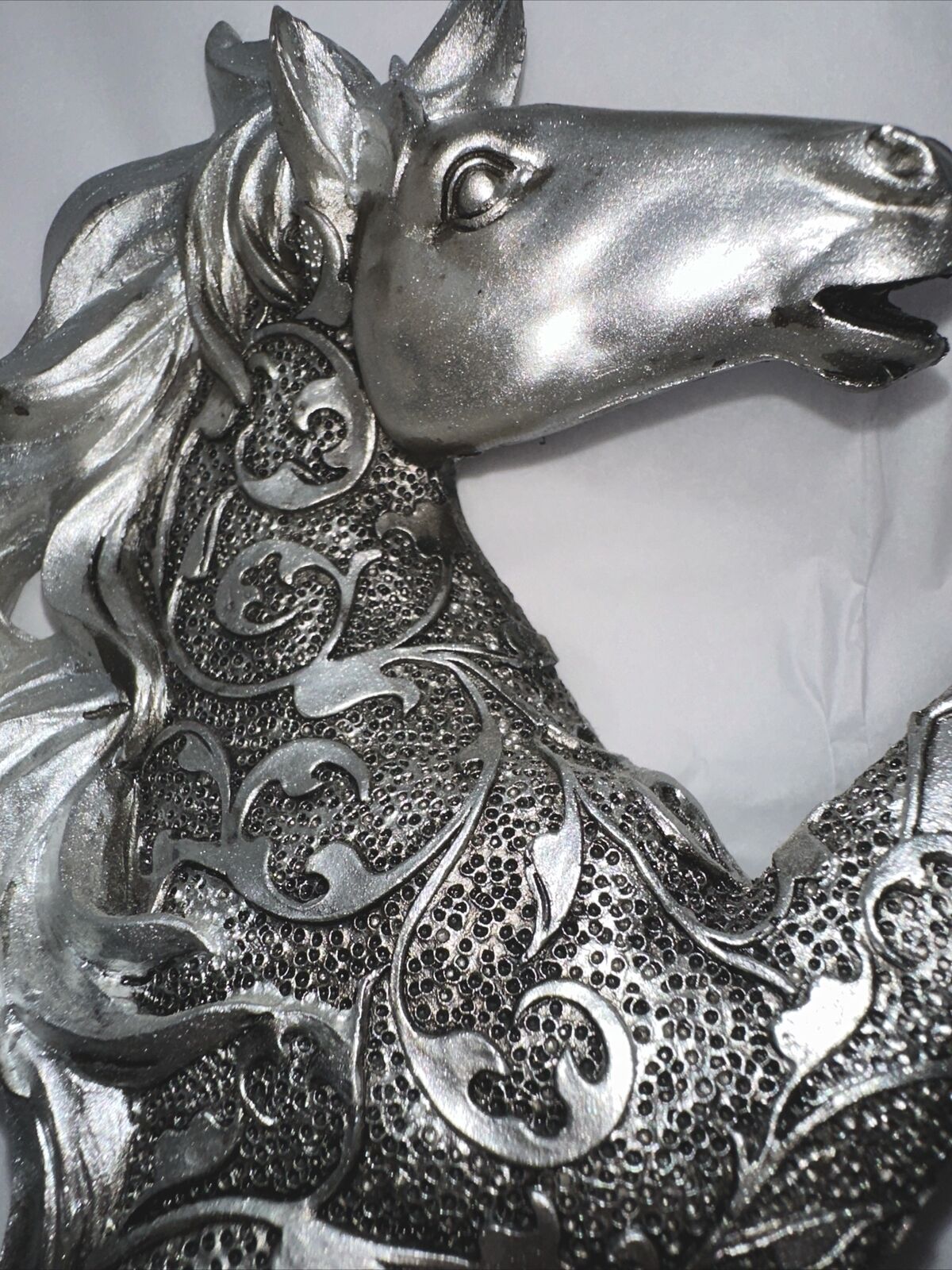 HORSE STATUE Standing Silver Toned Engraved 12 Inch By GEORGE S. CHEN IMPORTS