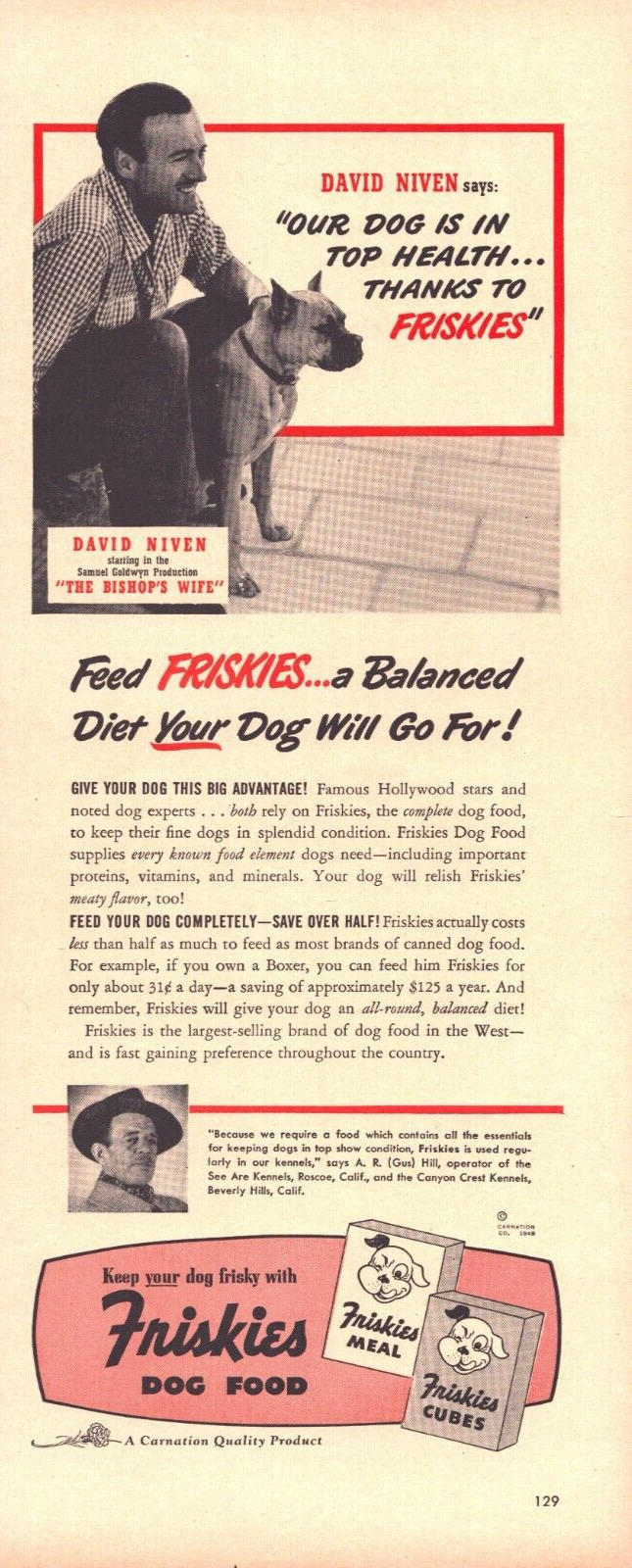 1948 Friskies Dog Food Print Ad Boxer With Actor David Niven The Bishop\'s Wife