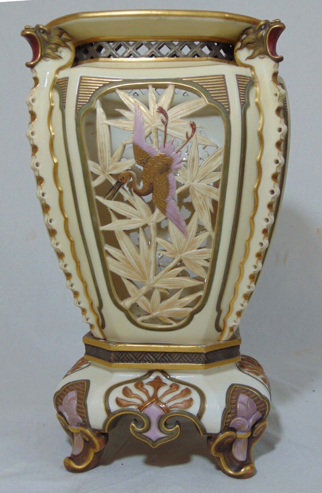 Antique 2 Pc Royal Worcester Porcelain Vase Stand Butterflies Cherry Blossoms