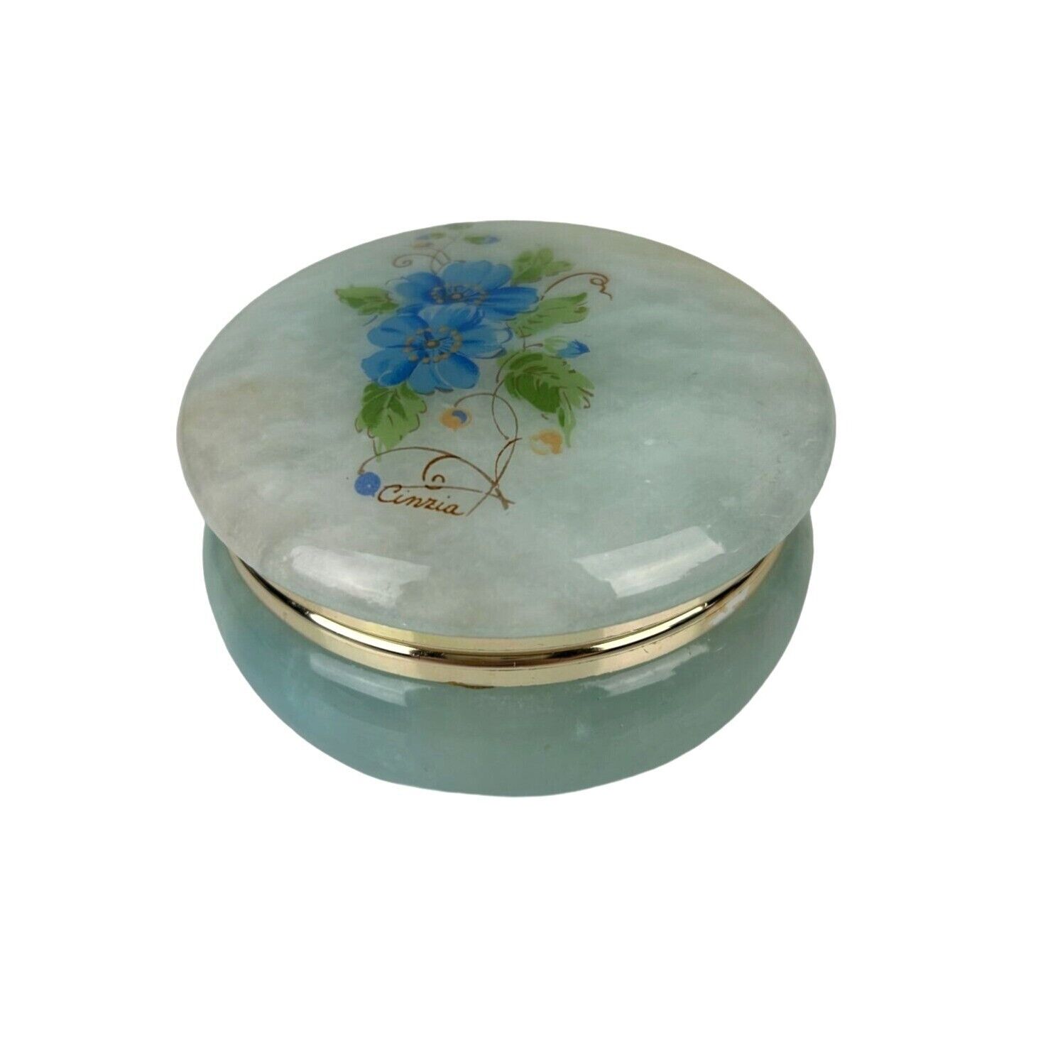 Vintage Italy Alabaster Stone Trinket Box Round Floral Hand Painted Vanity