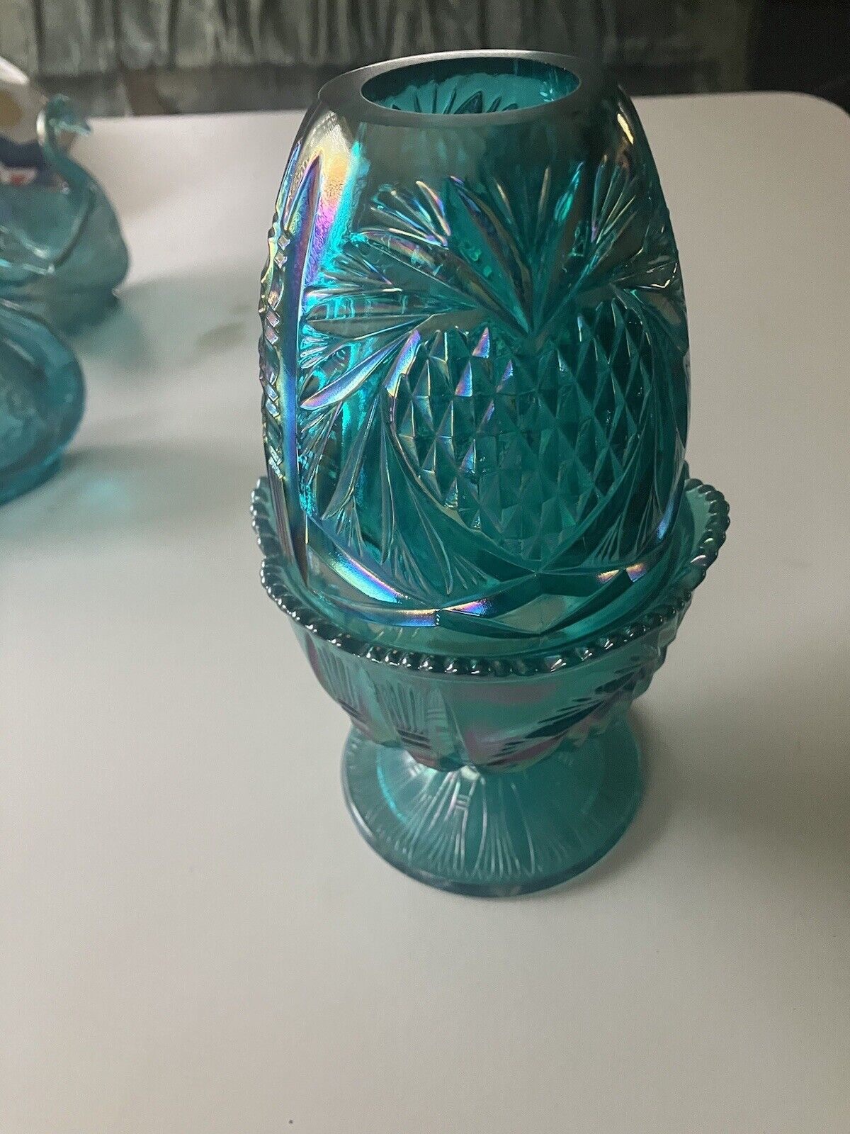 Fenton Fairy Lamp Blue Pineapple  Heart Iridescent 2 Piece