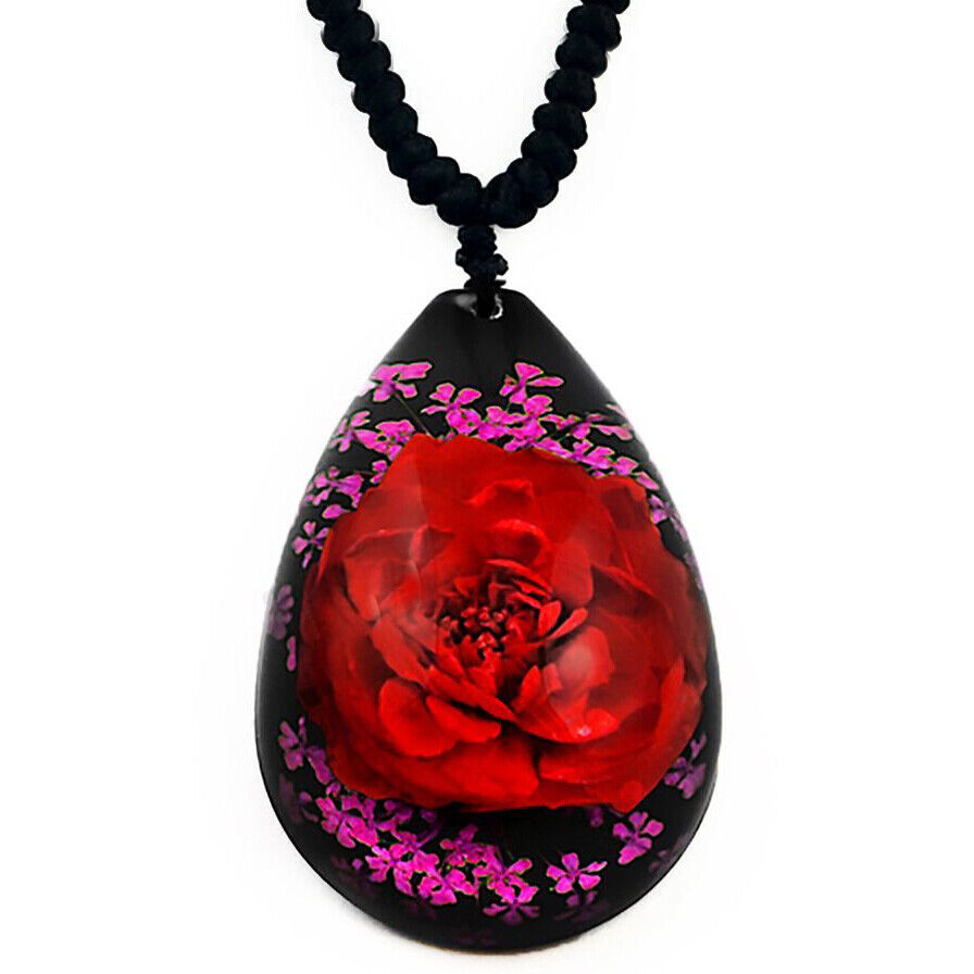 Flower real preserved black red pink rose HEART necklace FN4