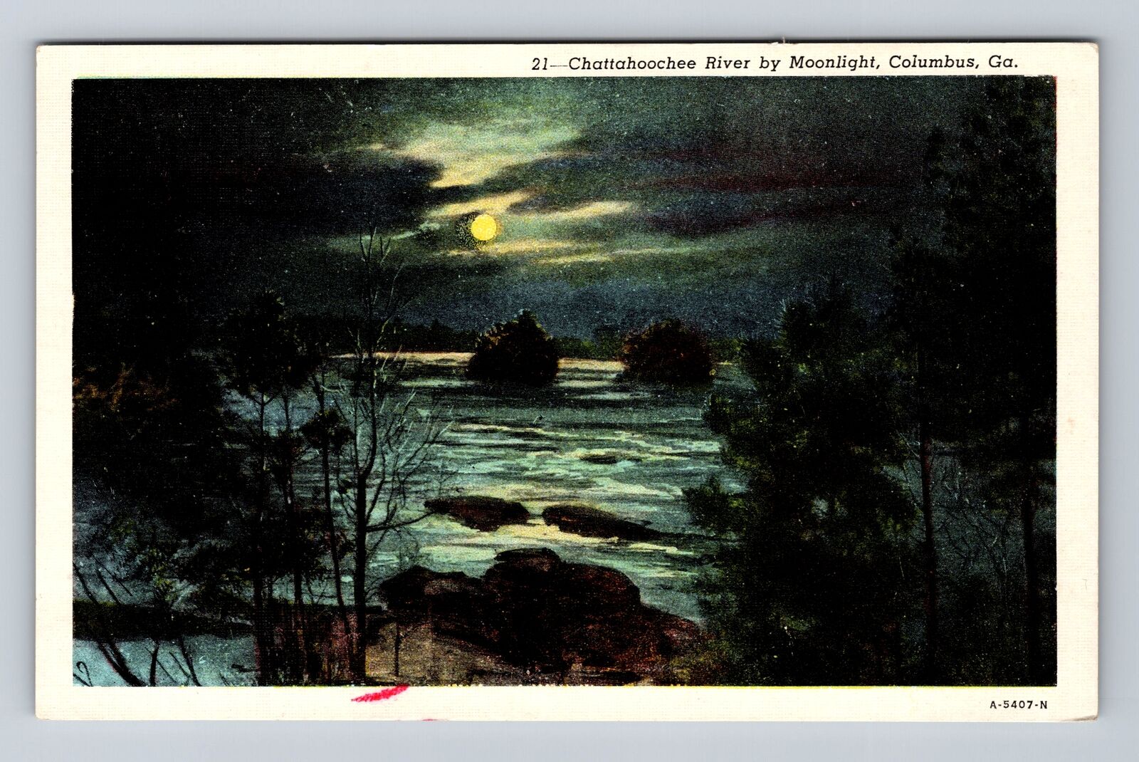 Columbus GA-Georgia, Chattahoochee River By Moonlight, Antique Vintage Postcard