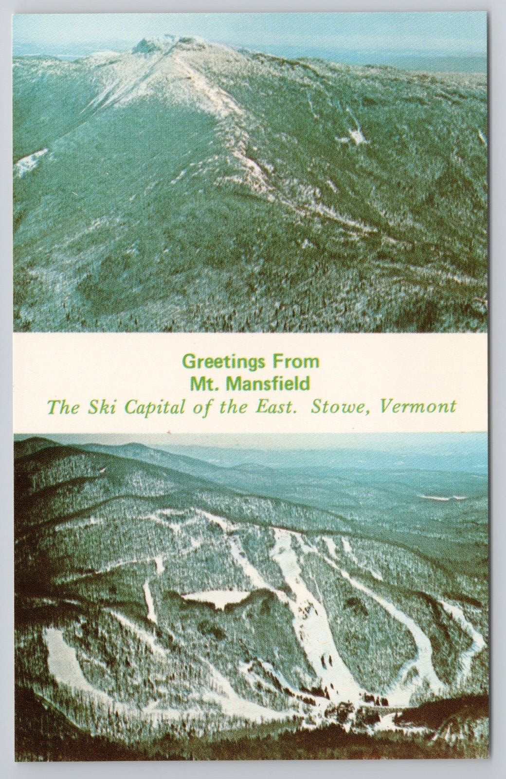Greetings From Mt Mansfield Stowe Vermont 1970s Dual View Postcard Skiing Aerial