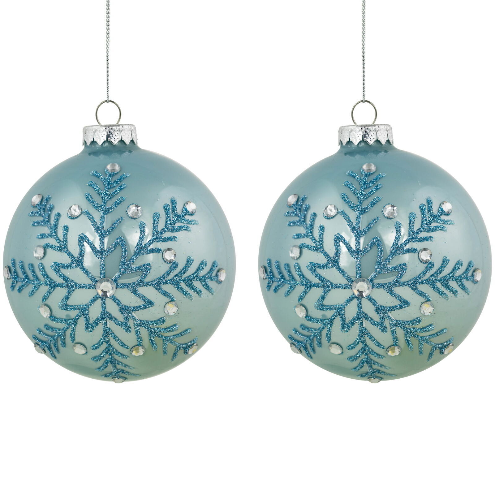 Set of 2 Light Blue Glittered and Jeweled Snowflake Glass Christmas Ball