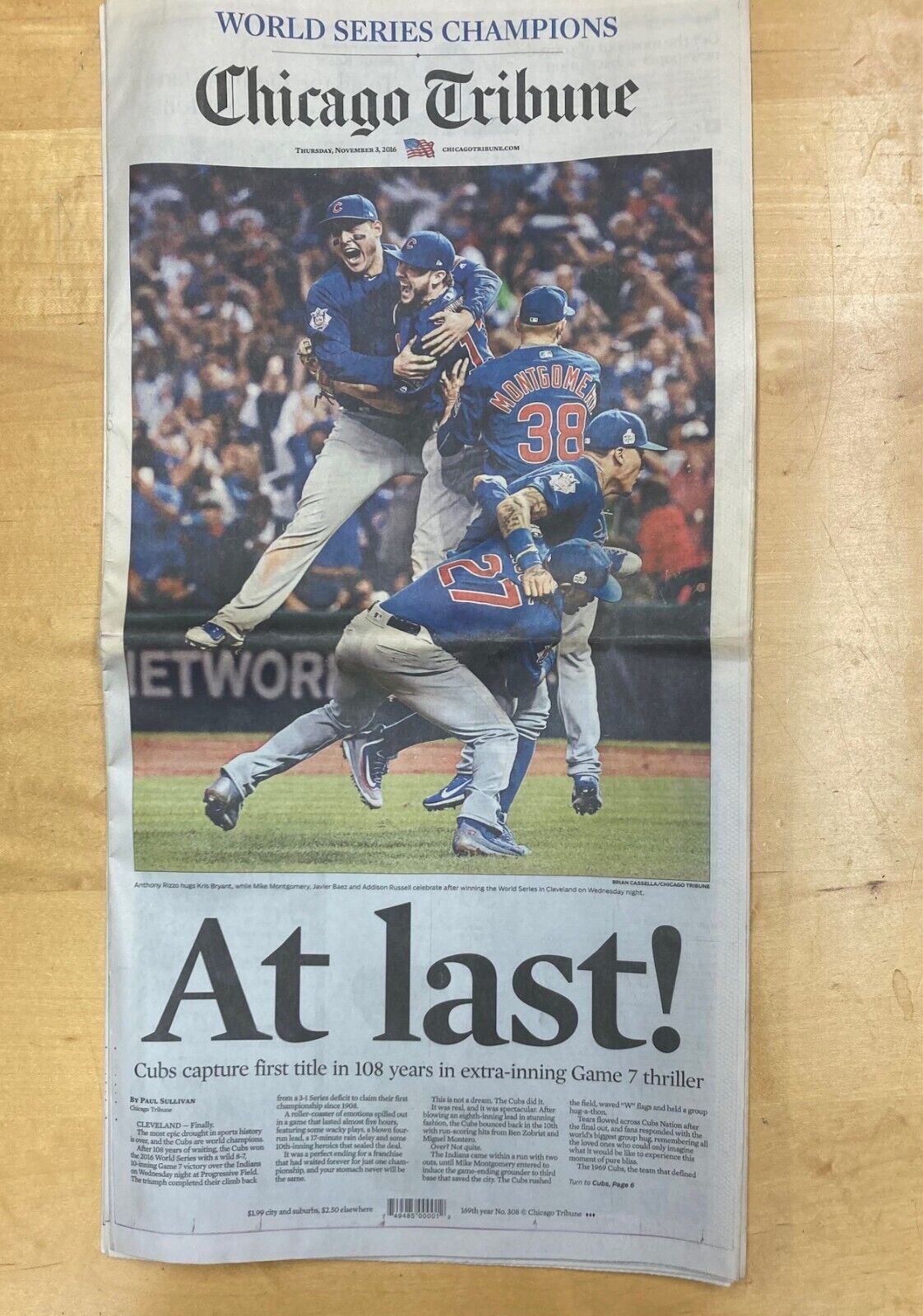 CHICAGO TRIBUNE NOVEMBER 3, 2016 CHICAGO CUBS WIN WORLD SERIES GOOD CONDITION