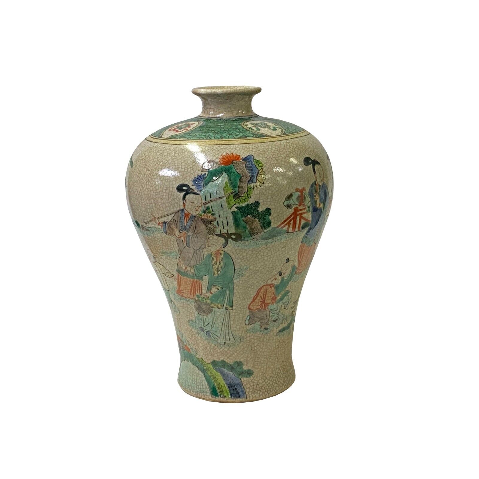 Vintage Chinese Crackle Beige Color People Graphic Porcelain Vase ws3430