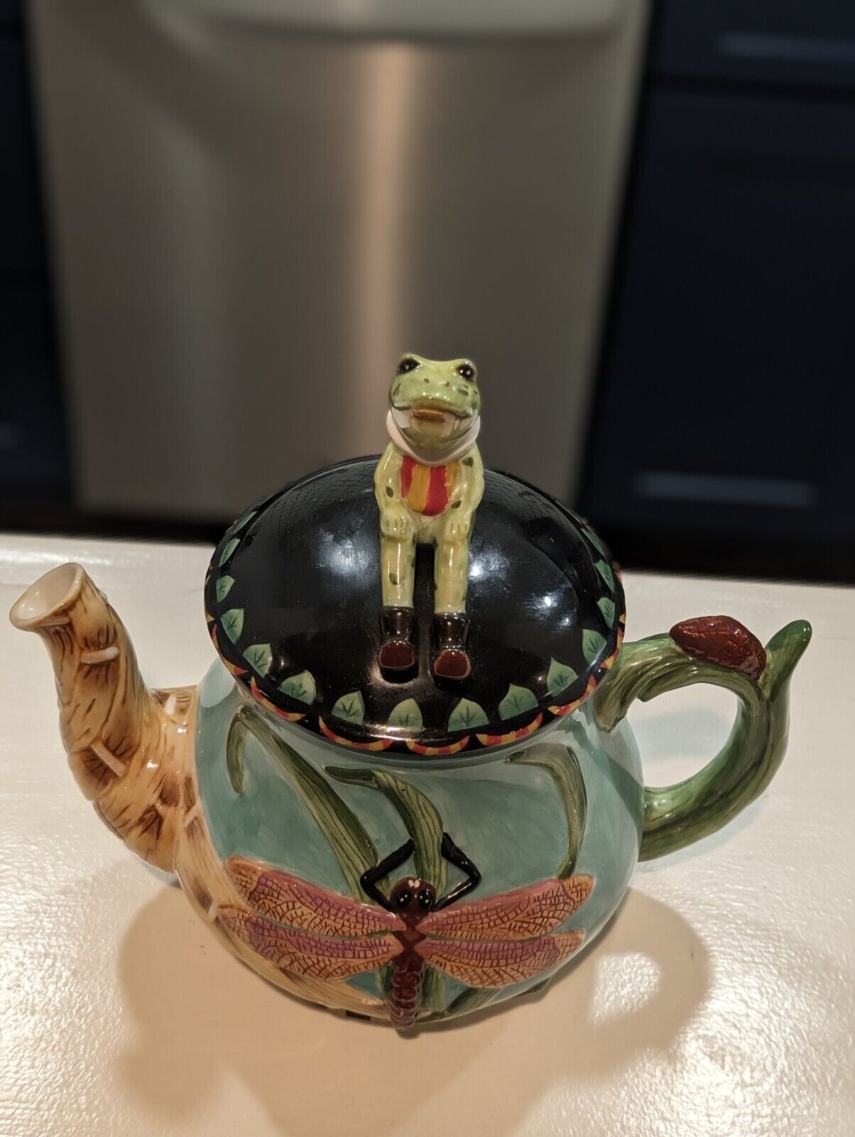 Frog Dragonfly Design Large Teapot House of Hatten Ceramic Brew 58 Oz. Whimsical