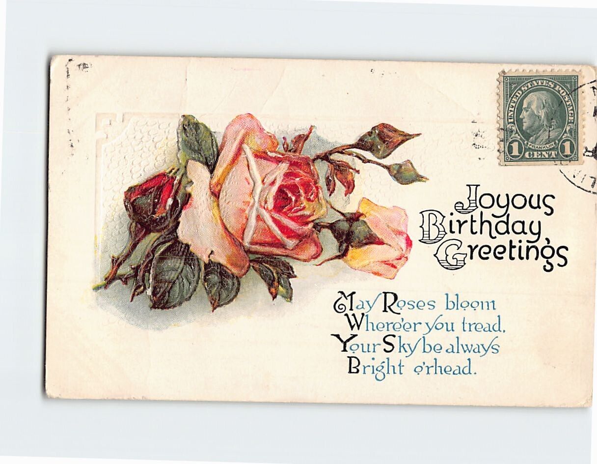 Postcard Joyous Birthday Greetings Flower Art Print Embossed Card