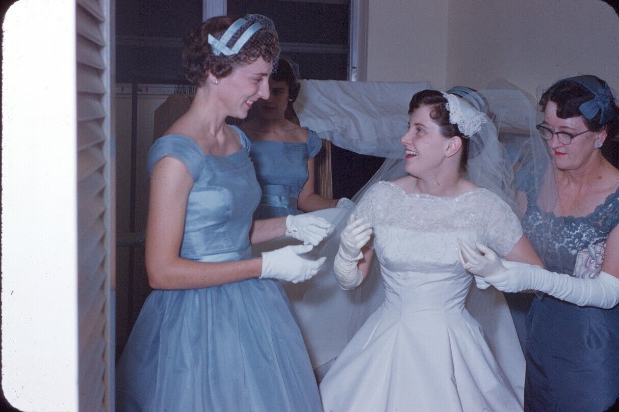 1958 Bridesmaid + Mother of Bride Holding Veil Before Wedding Vintage 35mm Slide
