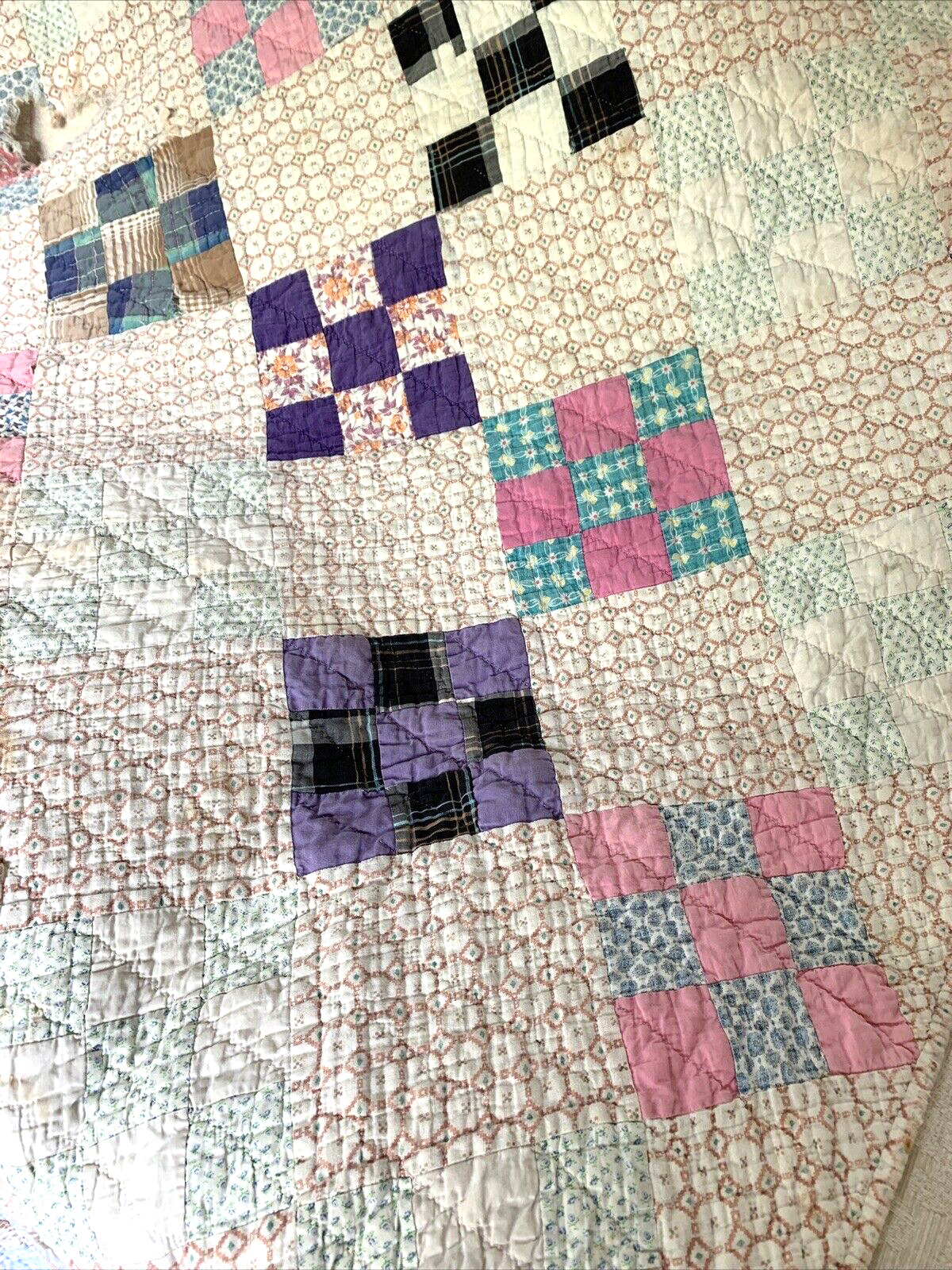 Vintage (9) Square Hand Stitched Cotton QUILT TLC Crafting Repurpose 52 x 74
