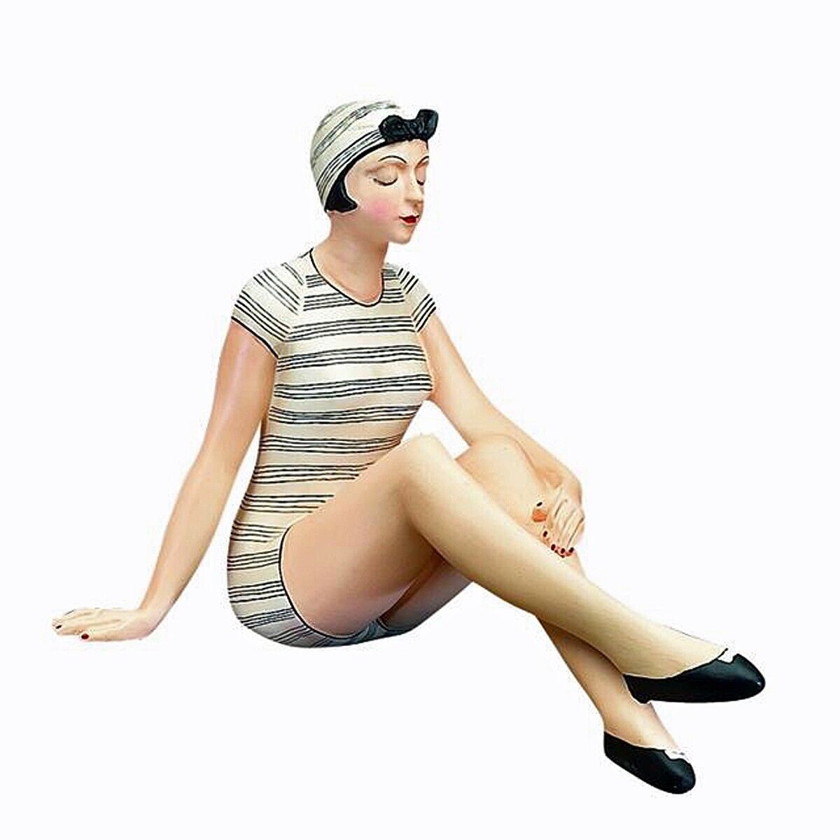 BATHING BEAUTY FIGURINE IN BLACK AND WHITE STRIPED SWIMSUIT & SWIM CAP