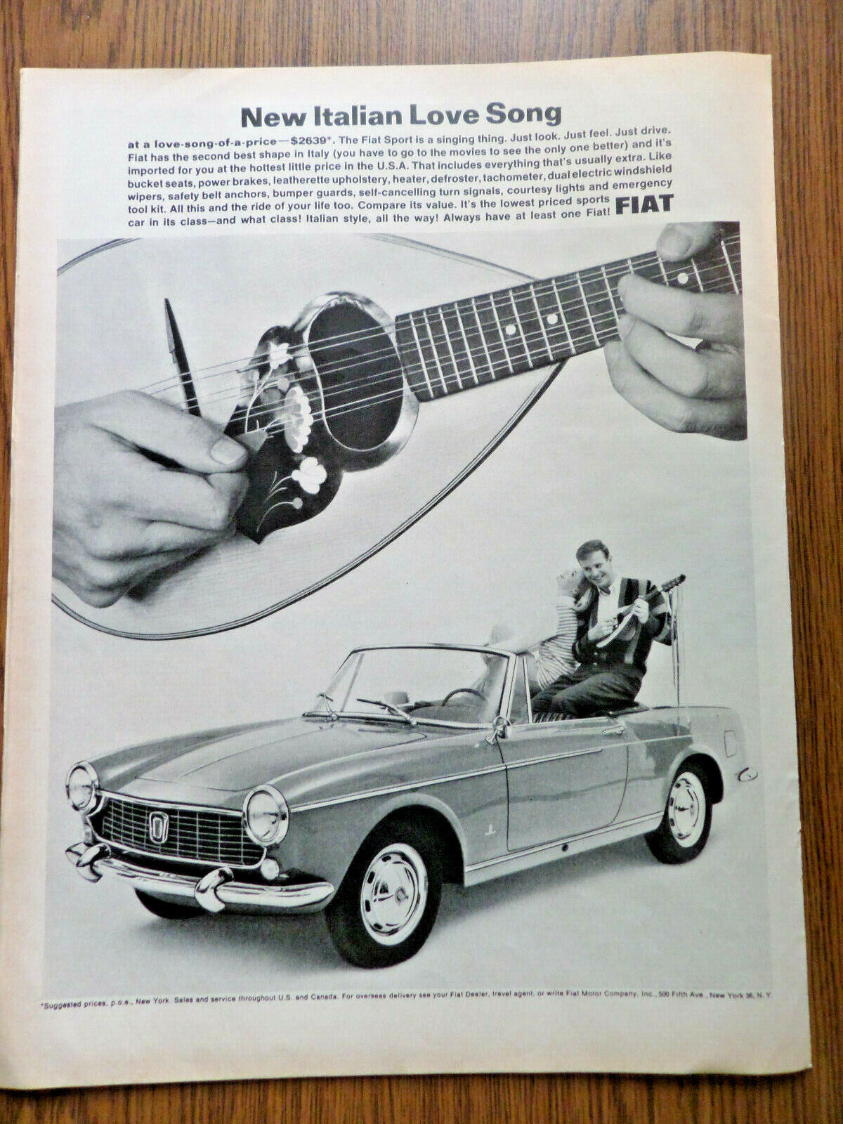 1965 Fiat Sport Convertible Ad New Italian Love Song Couple Playing Mandolin