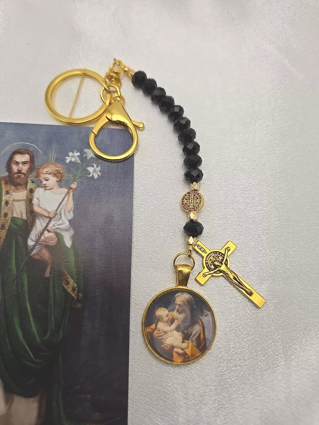 Handmade St Joseph w/ St Benedict Protection Medal Pocket Clip Decade Rosary