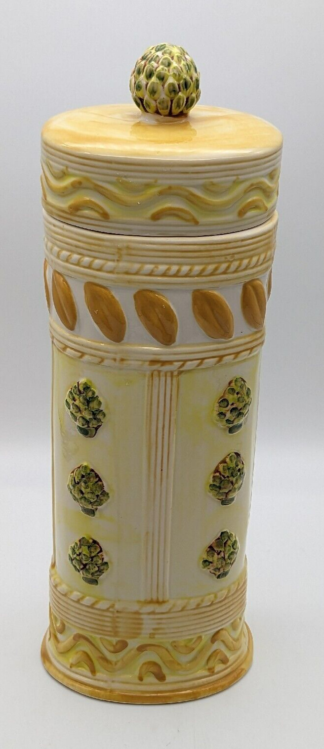 Vintage Oval Ceramic Pasta Spaghetti Storage Canister Jar Artichoke/Lid Pottery