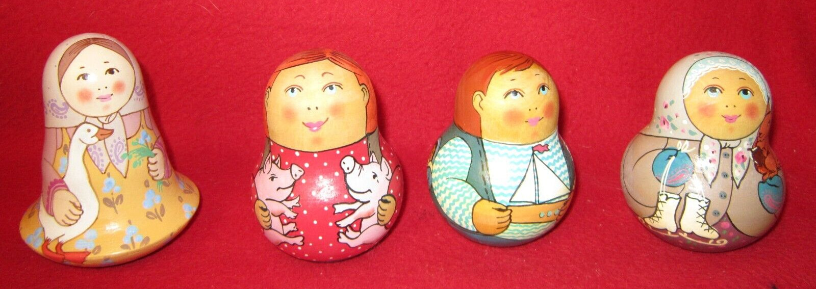 4 Artist Signed Hand Painted Russian Matryoshka Wood Roly Poly Chime Bell Dolls
