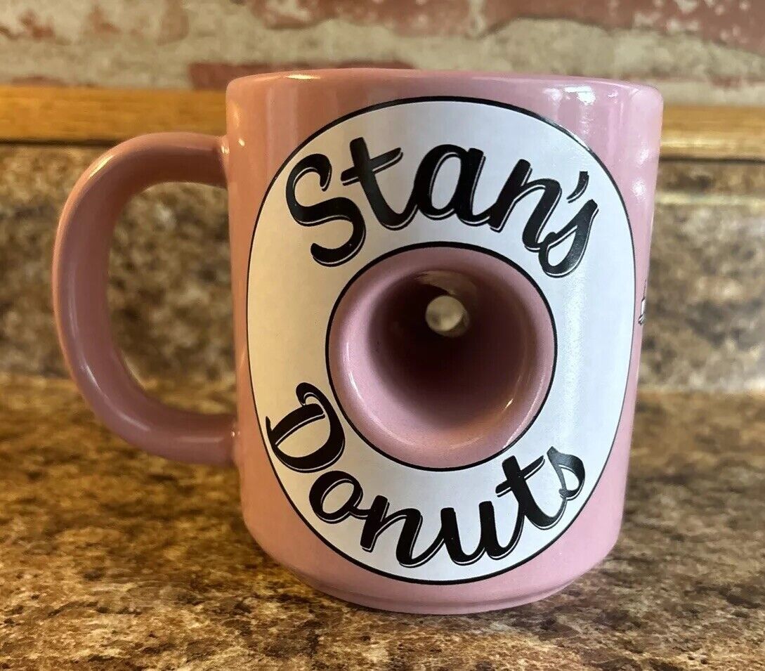 Stan’s Donuts Coffee Mug Doughnut Hole Cup Ceramic Vintage 4” Tall Pink USA ✅