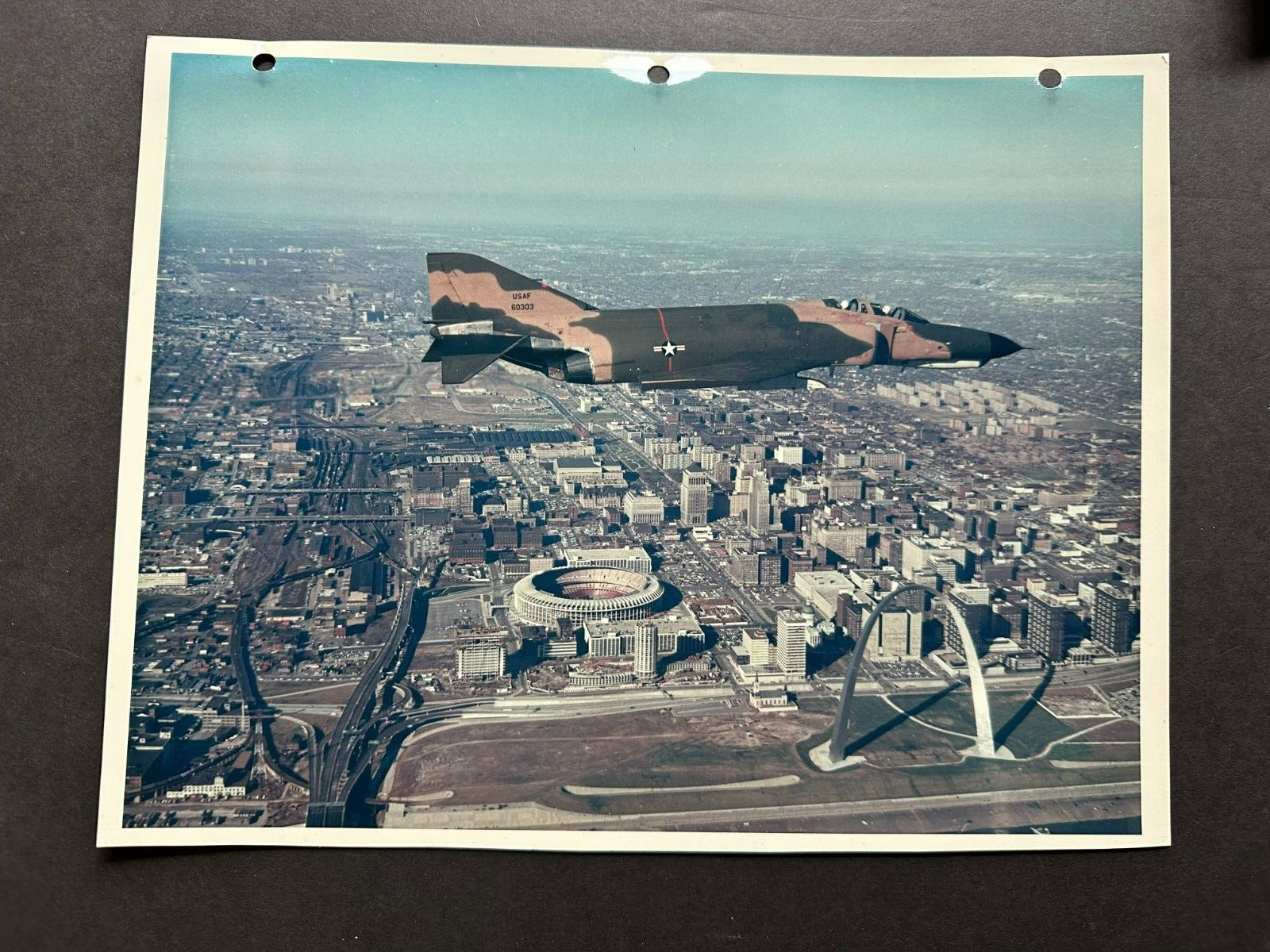 1960\'s F-4 PHANTOM OVER ST LOUIS-ORIGINAL MCDONNELL DOUGLAS PHOTO MINT PIC