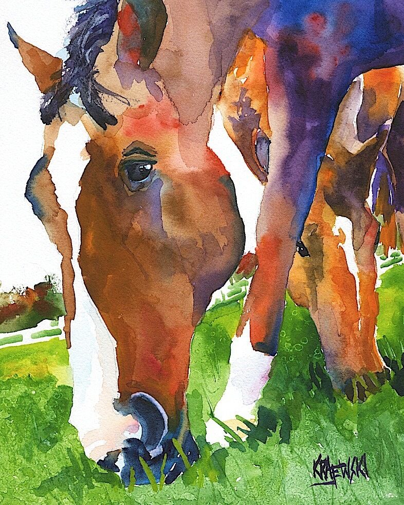 Grazing Horses 11x14 signed art PRINT from watercolor painting RJK     