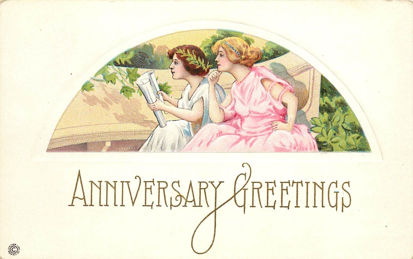 Stecher Art Anniversary Greetings Postcard 552-E Lovely Girls on Park Bench