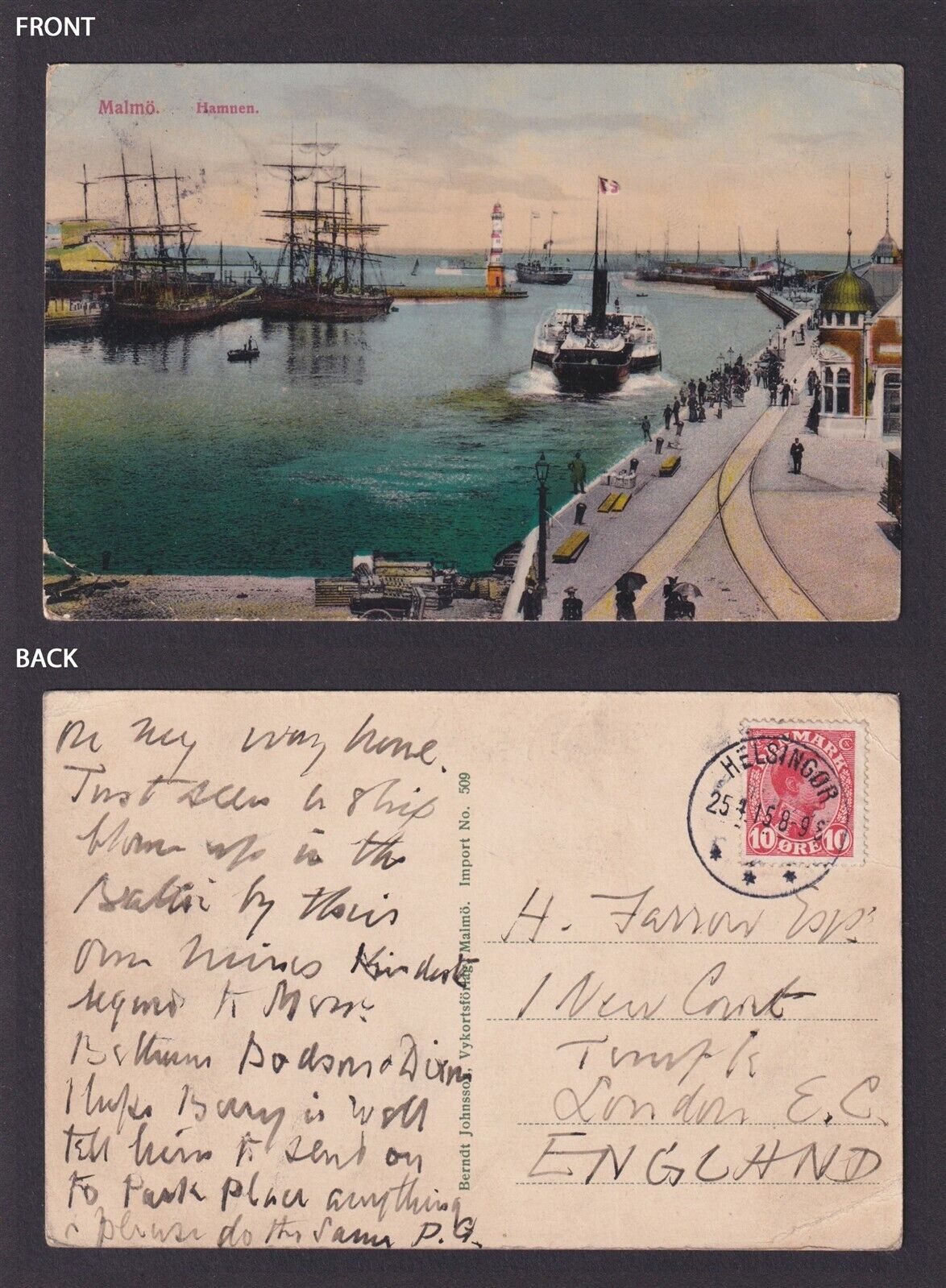SWEDEN 1915, Vintage postcard, Malmö, The port, Posted