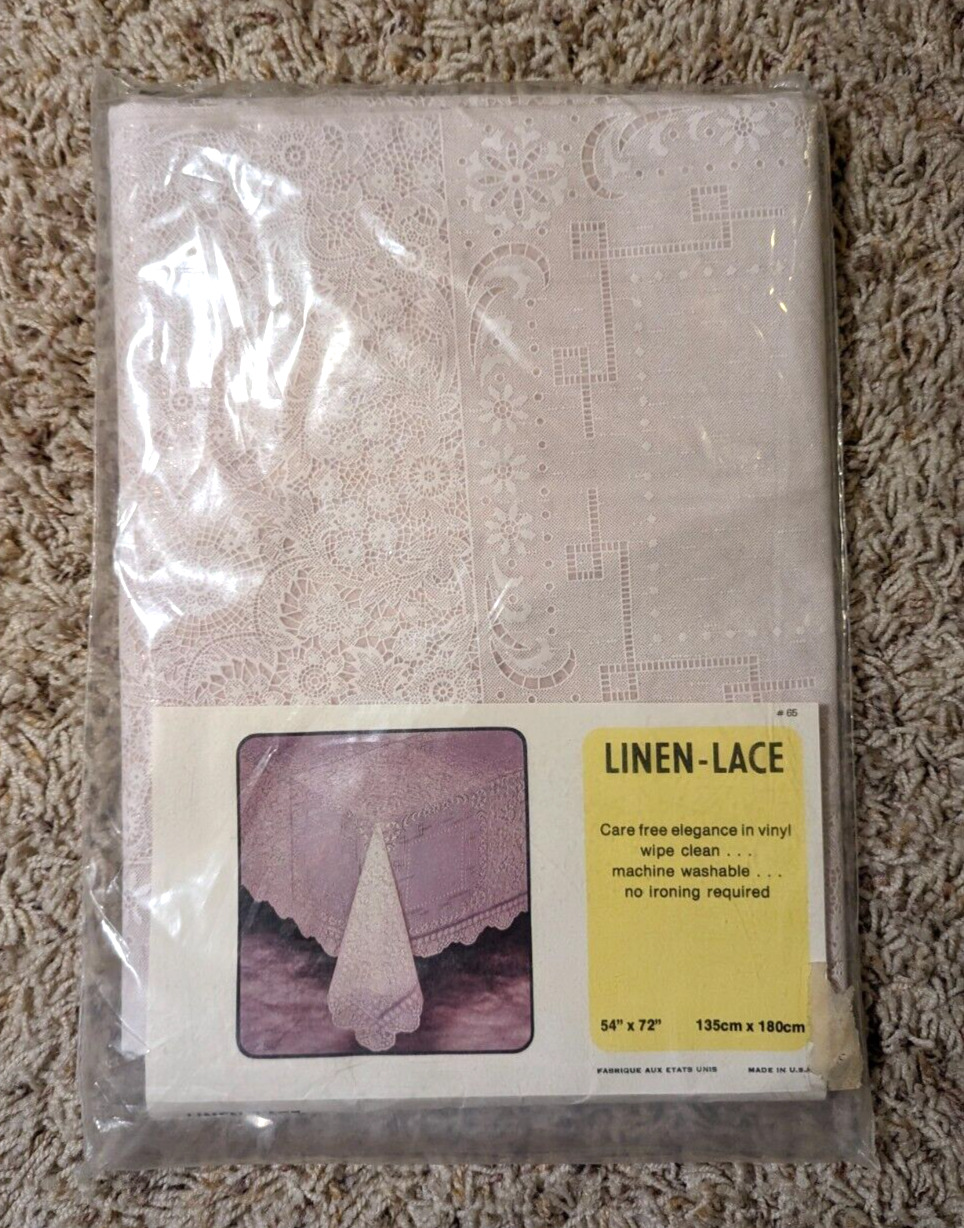 Vintage Linen Lace Vinyl White Tablecloth 54 x 72 Made in U.S.A.