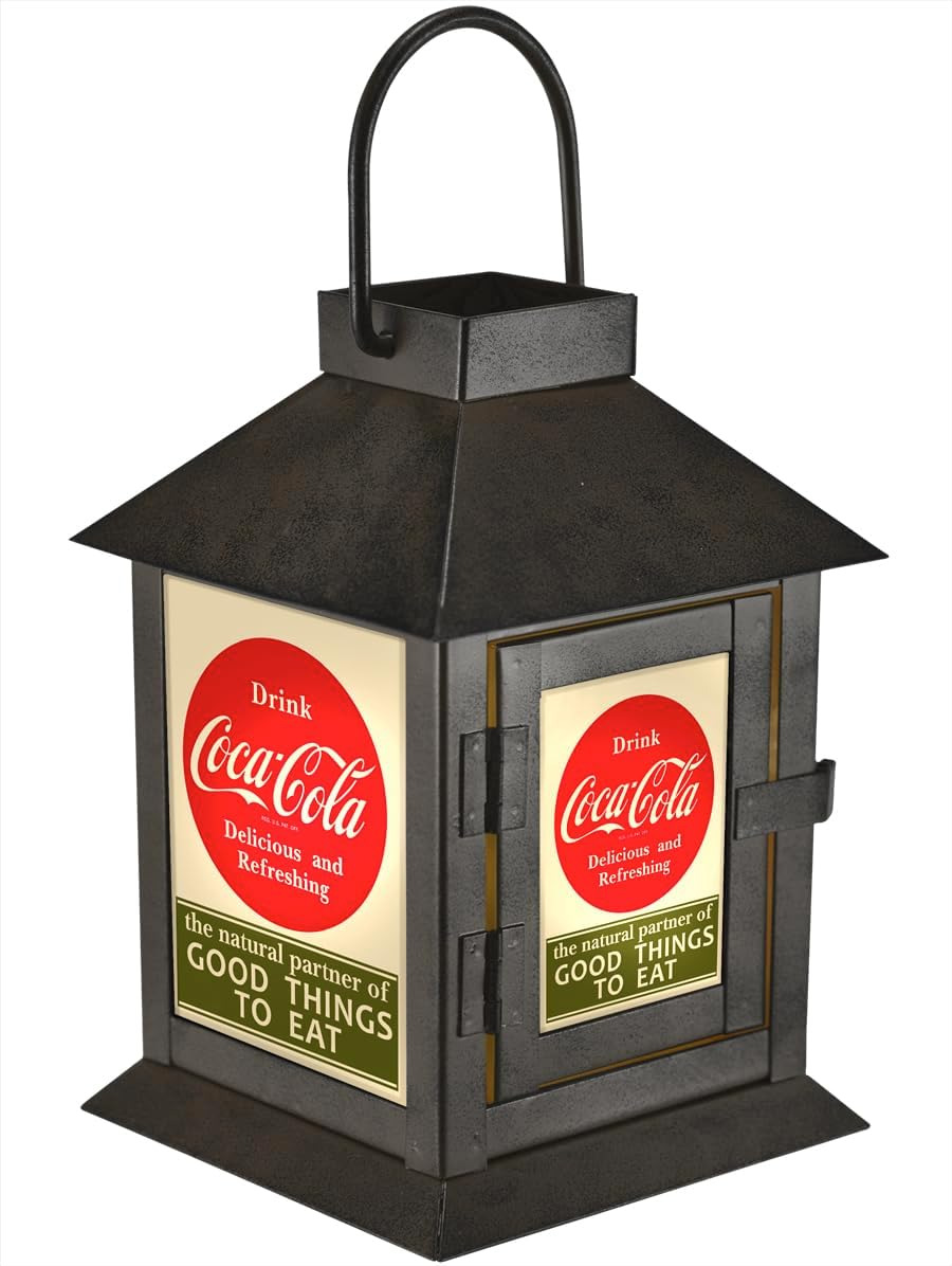 Coca Cola Vintage Advertising Flameless Pre Lit LED Metal Coach Lantern, Black, 