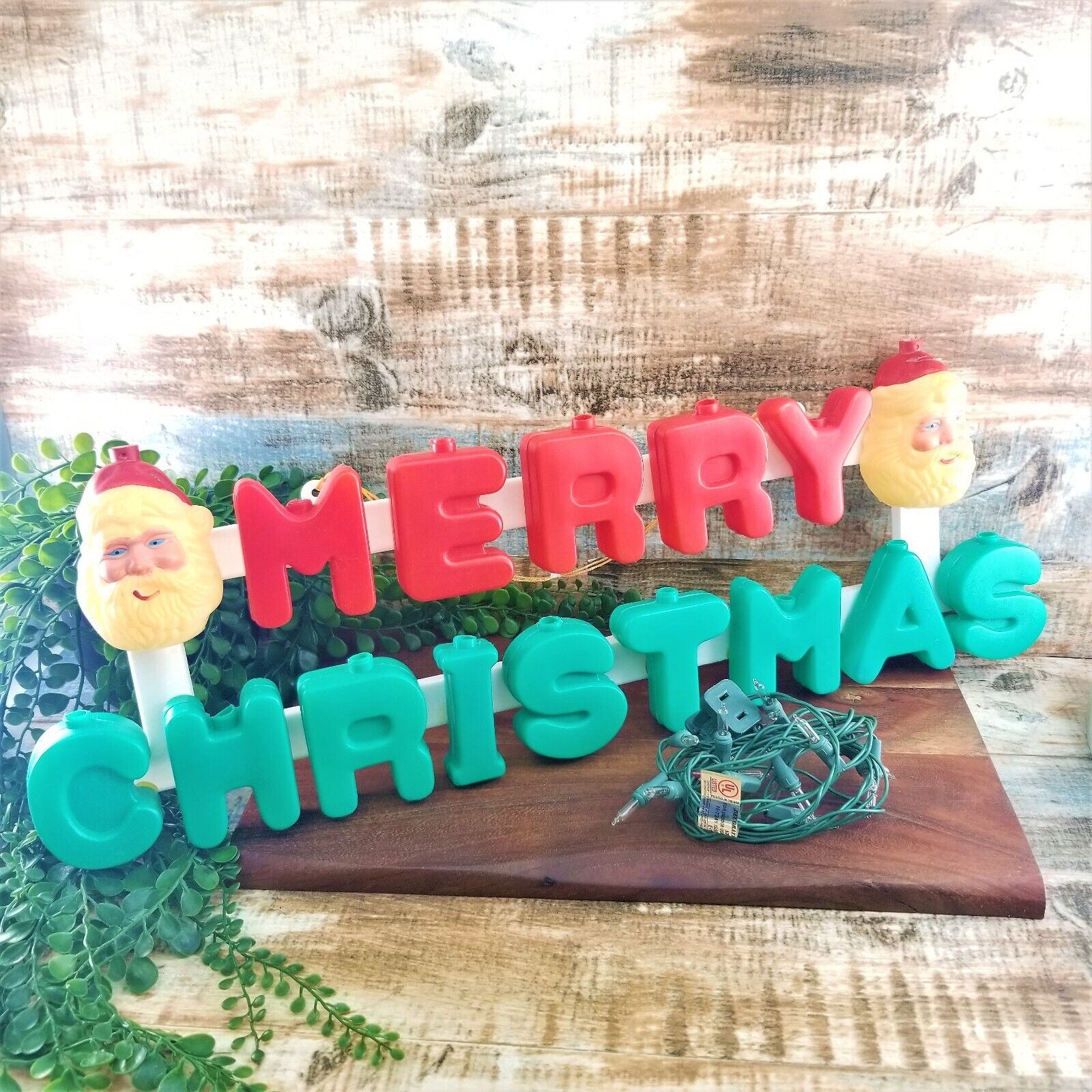 VTG Merry Christmas 16 String Light Up Sign Plastic Retro Santa Blow Mold READ