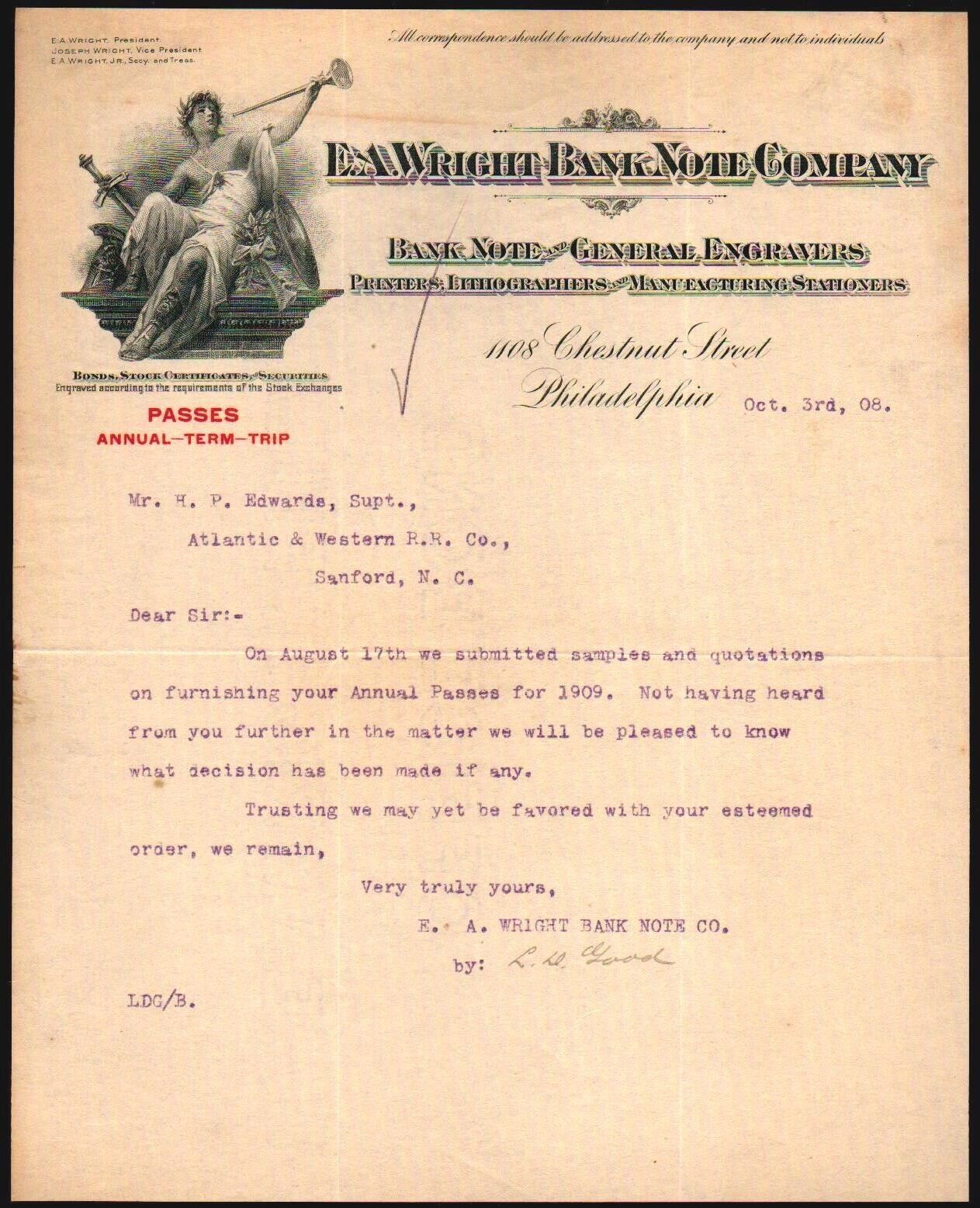 1908 Philadelphia - E A Wright Bank Note Co - Engravers - Printers - Letter Head